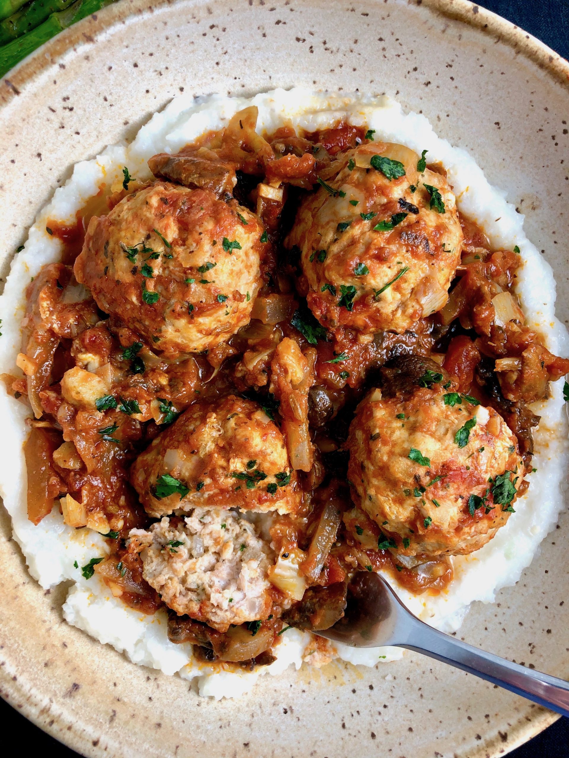 Best Chicken Meatballs in Pomodoro Sauce over Parmesan Polenta MAK